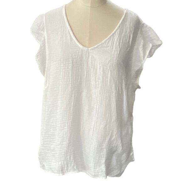 Three Dots White cotton gauze v neck flutter sleeve  Relaxed fit blouse Sz LARGE - Picture 2 of 10